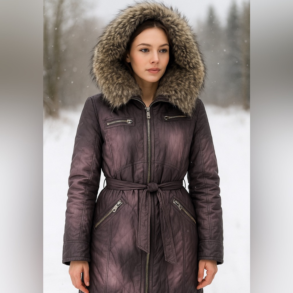 Cartise metallic ombre mauve parka with removable faux fur collar and hood